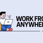 A simple 3D character sitting with a laptop and suitcase, representing remote work, plain background, bold text “WORK FROM ANYWHERE”, minimal icons, modern style