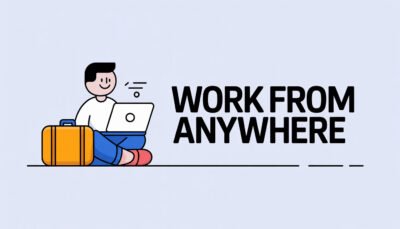 A simple 3D character sitting with a laptop and suitcase, representing remote work, plain background, bold text “WORK FROM ANYWHERE”, minimal icons, modern style